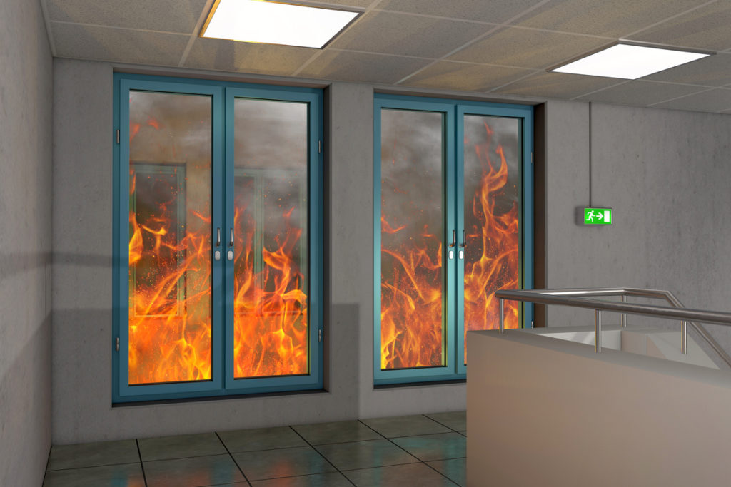 Fire behind glass protection doors