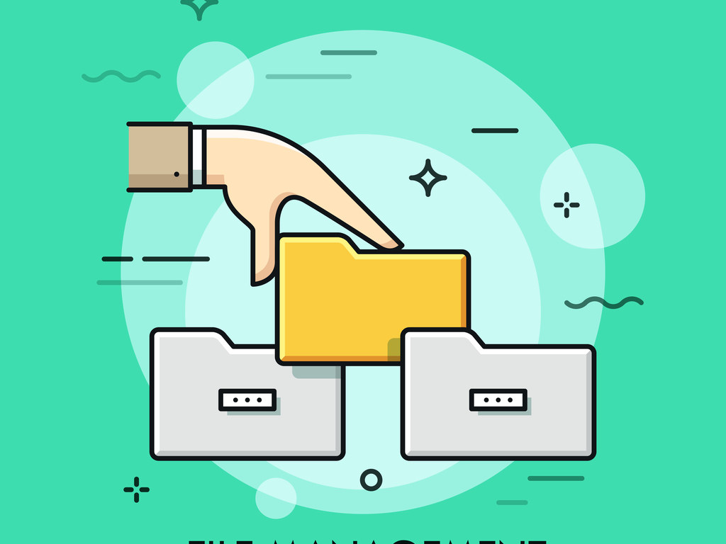 Human hand with a data file choosing which of two folder to put in in